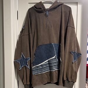 Oil and Hali Brown and Blue Patchwork Hoodie Sweatshirt
